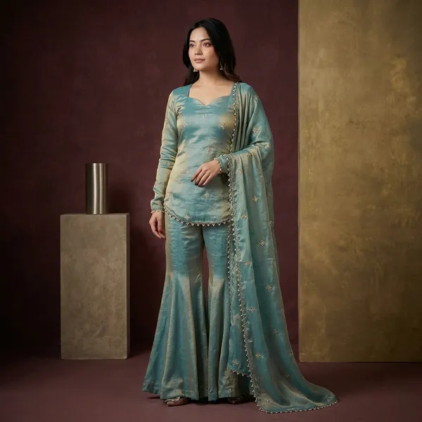 Light_Blue_Heavy_Frenchy_Silk_With_Lace_Kurta_With_Sharara_Set_For_Women