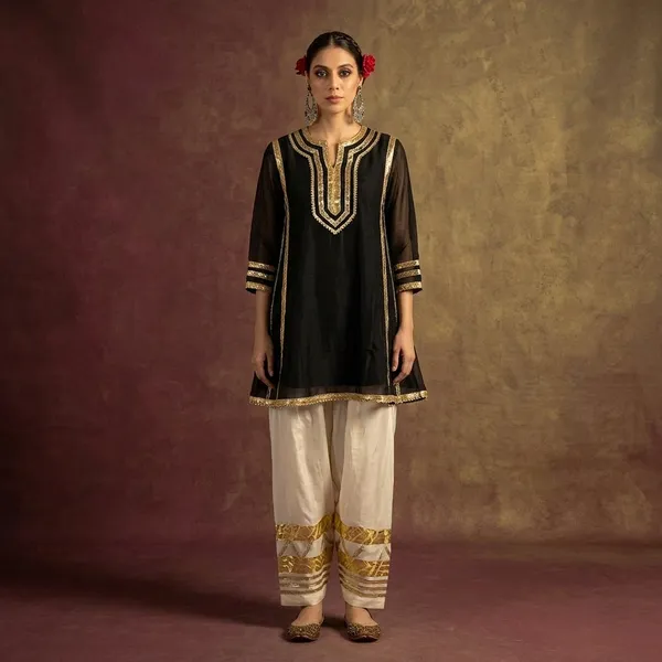 Black_And_White_Mal_Chanderi_With_Gottapatti_Lace_Kurta_Set_For_Women