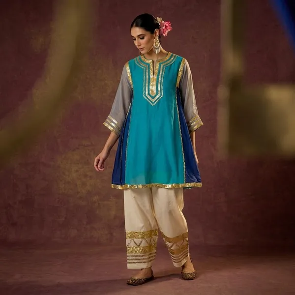 Blue__And_White_Mal_Chanderi_With_Gottapatti_Lace_Kurta_With_Sharara_Set_For_Women