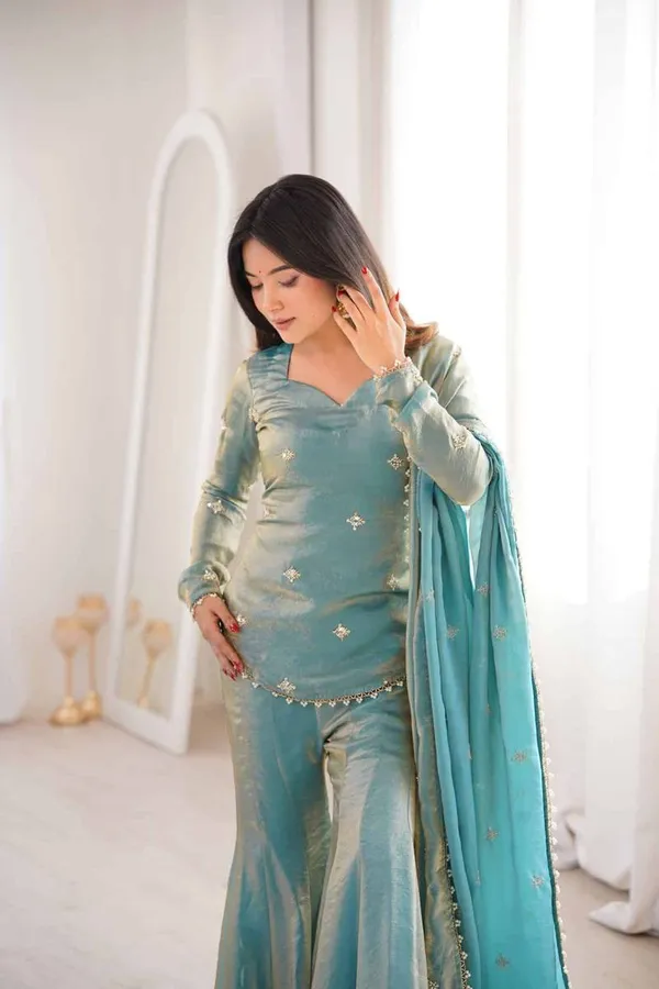 Light_Blue_Heavy_Frenchy_Silk_With_Lace_Kurta_With_Sharara_Set_For_Women