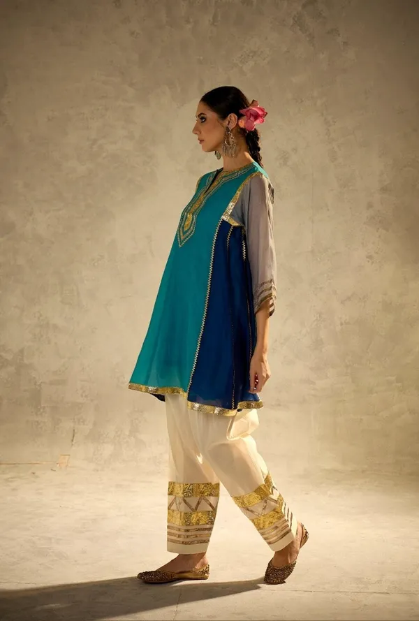 Blue__And_White_Mal_Chanderi_With_Gottapatti_Lace_Kurta_With_Sharara_Set_For_Women