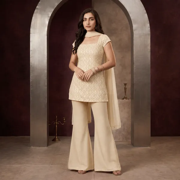 Cream_Faux_Georgette_Kurta_With_Sharara_Set_For_Women