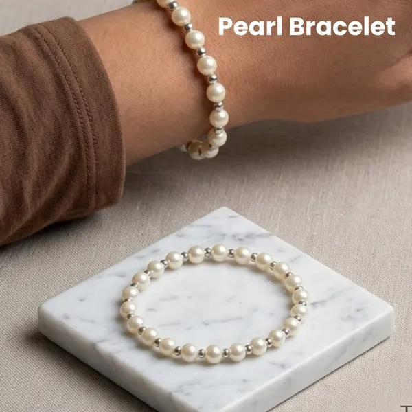 White_Pearl_Silver_Accent_Beaded_Stretch_Bracelet_For_Unisex
