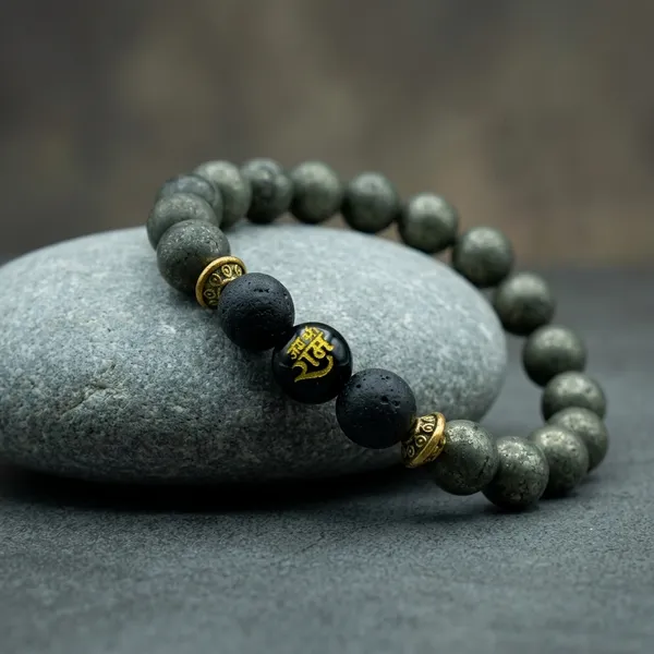 Grey_And_Black_Pyrite_Lava_Stone_Jai_Shri_Ram_Charm_Bracelet