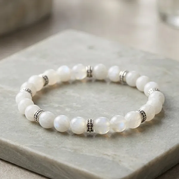 White_Moonstone_Beaded_Stretch_Bracelet_With_Silver_Accents