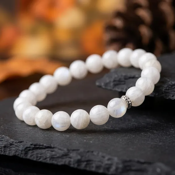 White_Moonstone_Beaded_Stretch_Bracelet_With_Silver_Accents