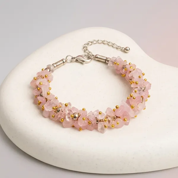 Pink_Rose_Quartz_Chips_Adjustable_Chain_Bracelet_With_Gold_Beads
