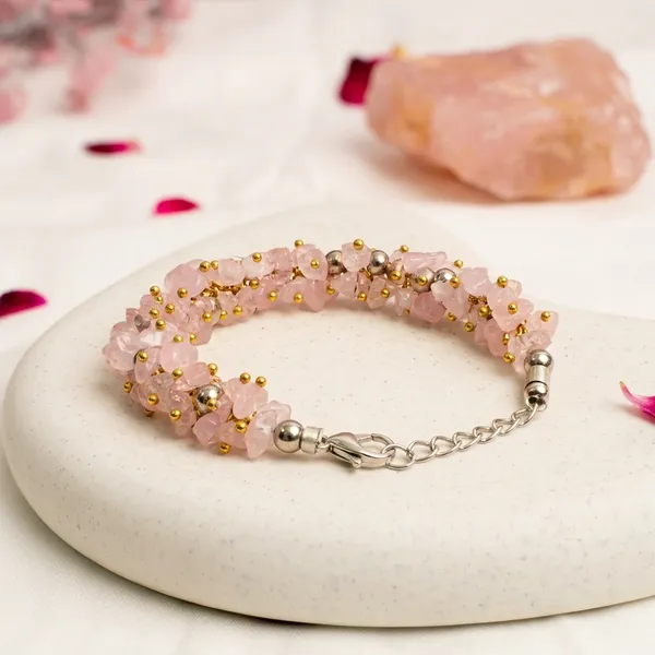 Pink_Rose_Quartz_Chips_Adjustable_Chain_Bracelet_With_Gold_Beads