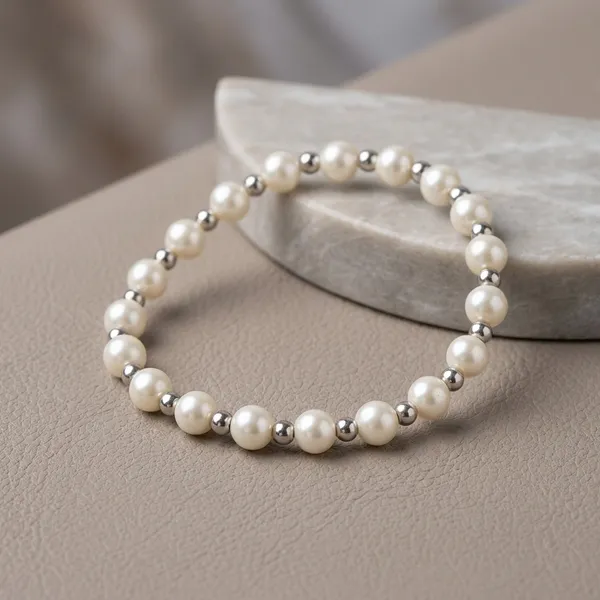 White_Pearl_Silver_Accent_Beaded_Stretch_Bracelet_For_Unisex