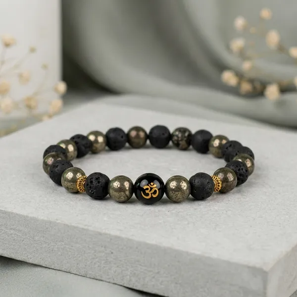 Multicolor_Pyrite_Black_Matte_Om_Charm_Beaded_Bracelet_For_Unisex