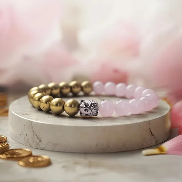 Pink_And_Gold_Rose_Quartz_Buddha_Charm_Beaded_Bracelet_For_Unisex
