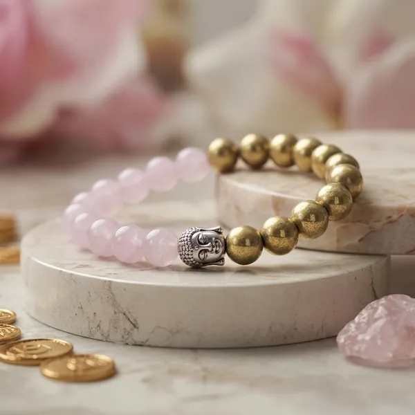 Pink_And_Gold_Rose_Quartz_Buddha_Charm_Beaded_Bracelet_For_Unisex