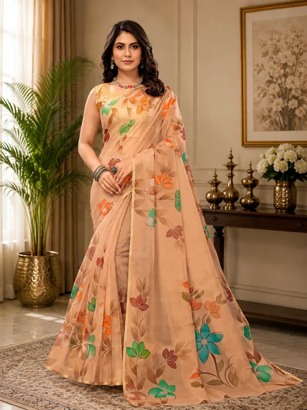 Brown_Organza_Silk_Saree_With_Golden_Zari_Border_And_Brocade_Blouse_Piece