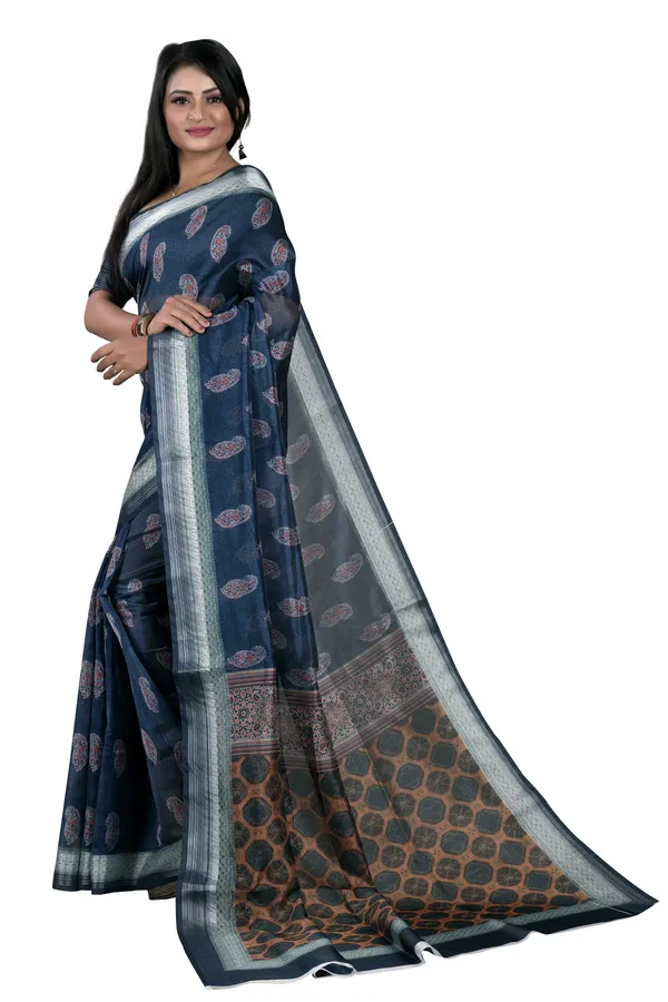 Blue_Organza_Silk_Saree_With_Silver_Zari_Border_And_Blouse_Piece