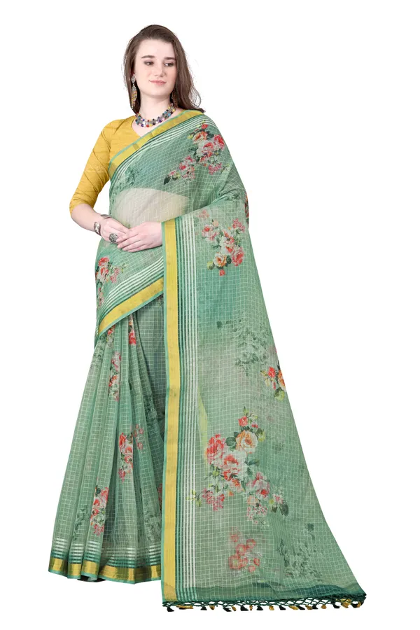 Green_Organza_Chex_Saree_With_Golden_Zari_Border_And_Brocade_Blouse_Piece