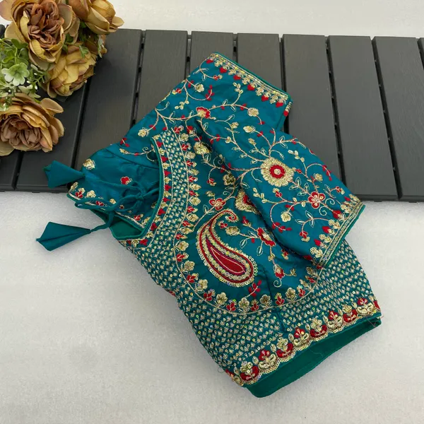 Green_Mullti_Sequence_Floral_Self_Design_Embroidery_Work_Free_Size_Stitched_Blouse
