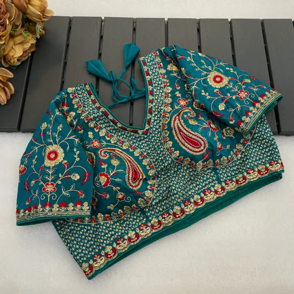 Green_Mullti_Sequence_Floral_Self_Design_Embroidery_Work_Free_Size_Stitched_Blouse