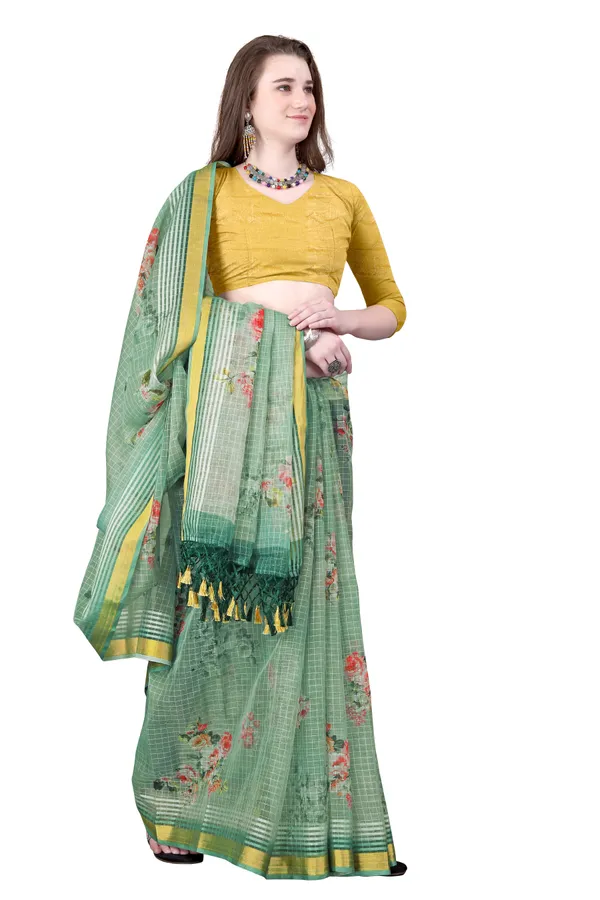 Green_Organza_Chex_Saree_With_Golden_Zari_Border_And_Brocade_Blouse_Piece