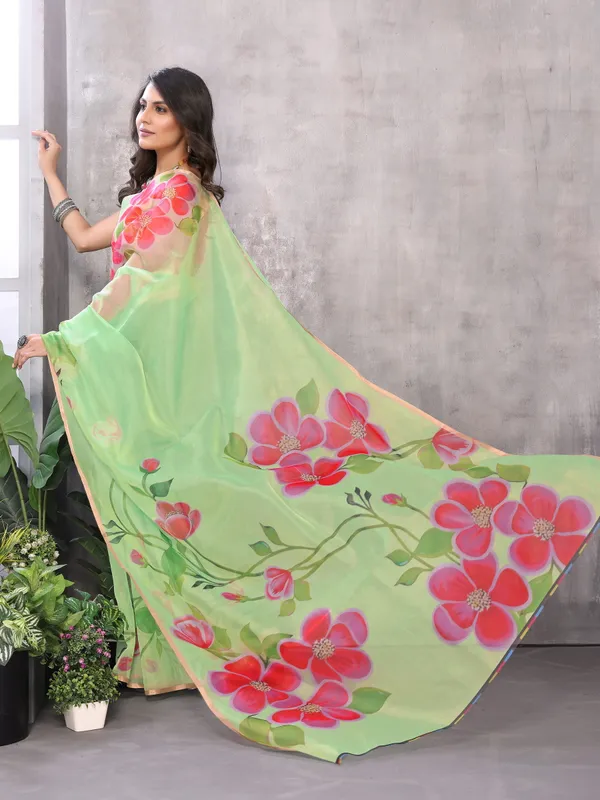 Green_Organza_Silk_Saree_With_Golden_Zari_Border_And_Brocade_Blouse_Piece