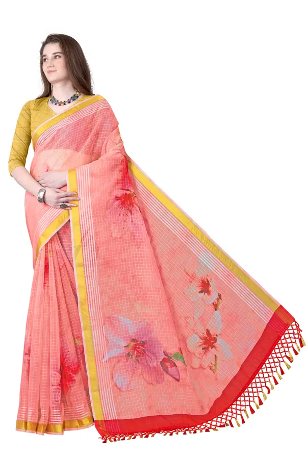 Pink_Organza_Chex_Saree_With_Golden_Zari_Border_And_Brocade_Blouse_Piece