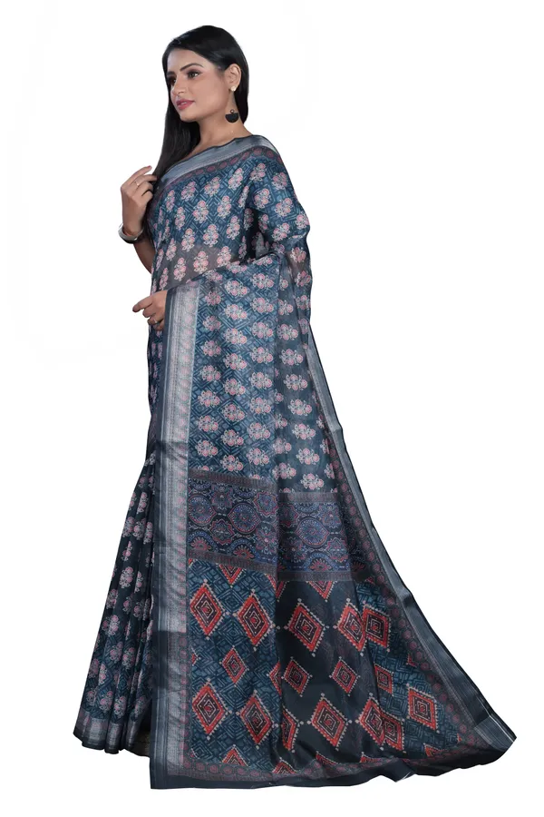 Blue_Organza_Silk_Saree_With_Silver_Zari_Border_And_Blouse_Piece