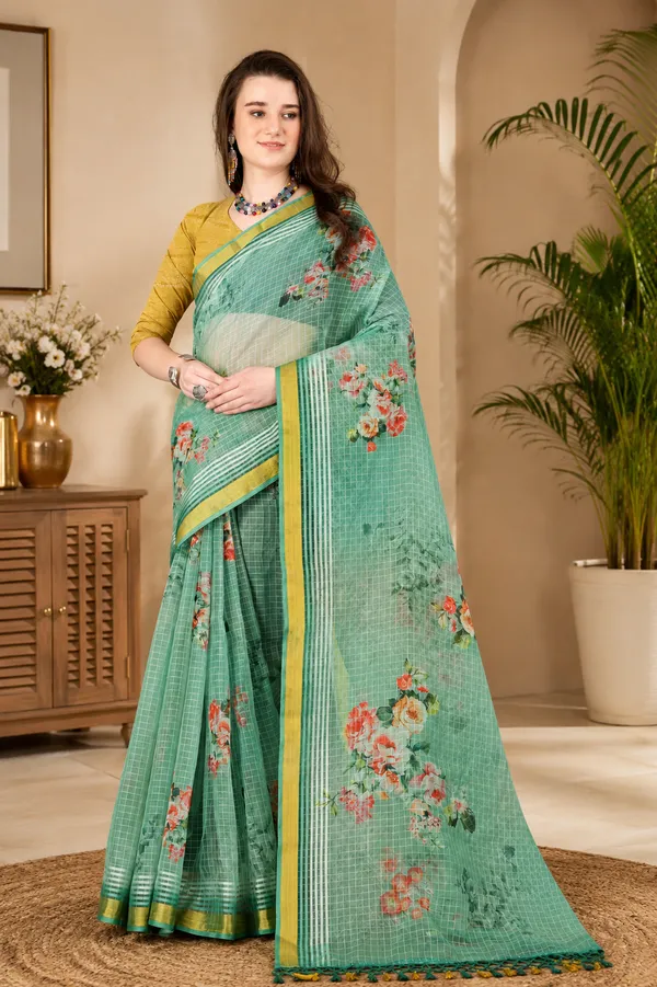 Green_Organza_Chex_Saree_With_Golden_Zari_Border_And_Brocade_Blouse_Piece
