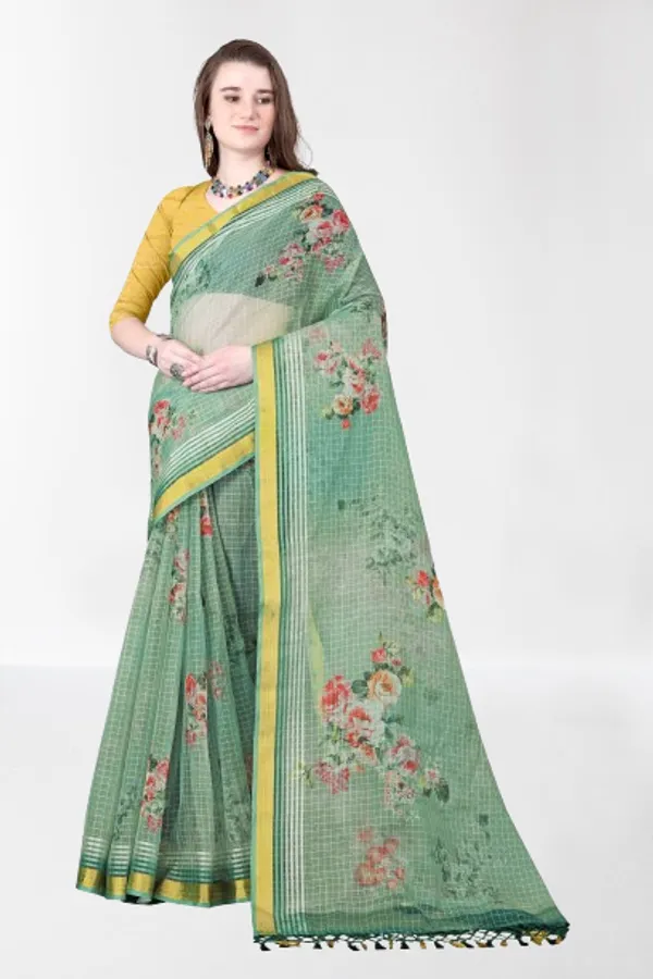 Green_Organza_Chex_Saree_With_Golden_Zari_Border_And_Brocade_Blouse_Piece