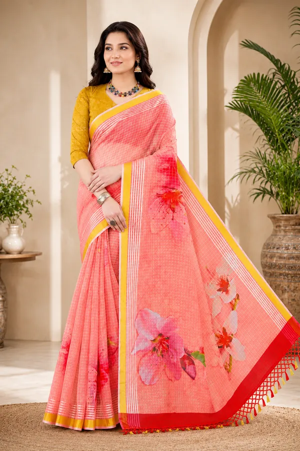 Pink_Organza_Chex_Saree_With_Golden_Zari_Border_And_Brocade_Blouse_Piece
