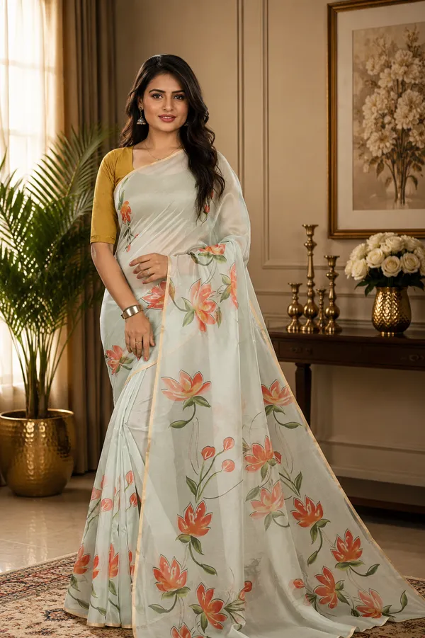 Cream_Organza_Silk_Saree_With_Golden_Zari_Border_And_Brocade_Blouse_Piece