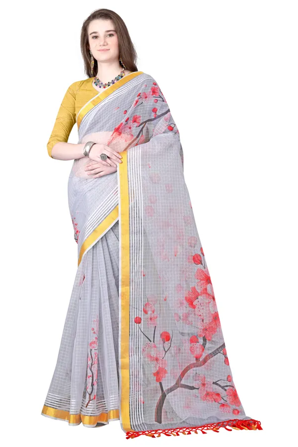 Grey_Organza_Chex_Saree_With_Golden_Zari_Border_And_Brocade_Blouse_Piece