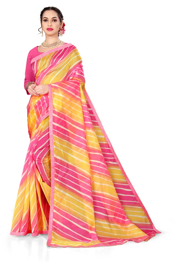Pink_And_Yellow_Organza_Silk_Saree_With_Satin_Blouse_Piece