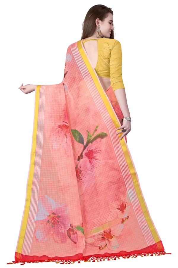 Pink_Organza_Chex_Saree_With_Golden_Zari_Border_And_Brocade_Blouse_Piece