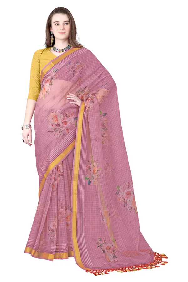 Pink_Organza_Chex_Saree_With_Brocade_Blouse_Piece