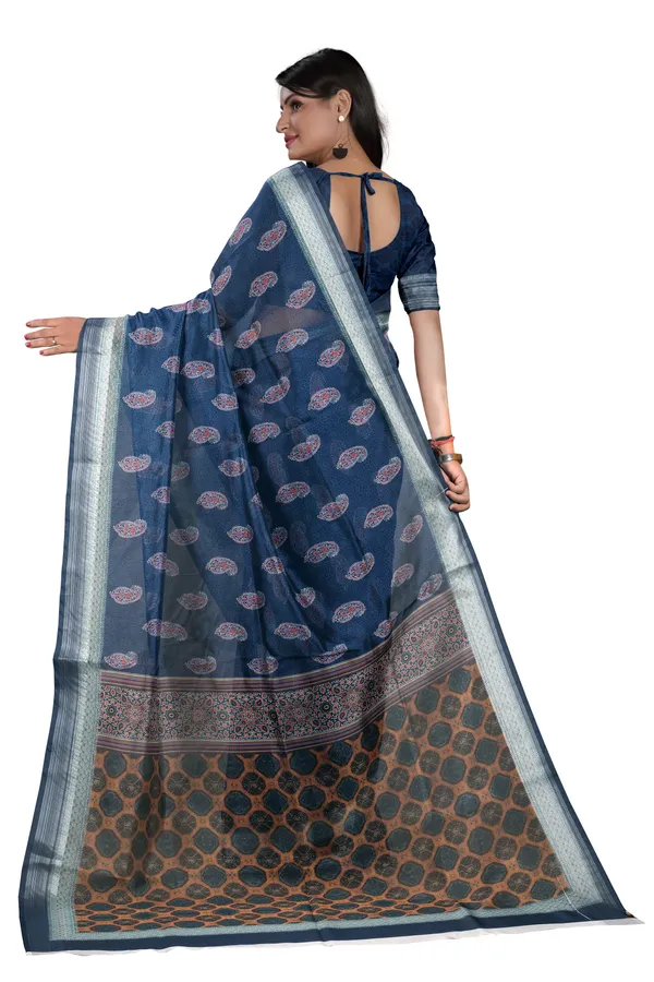 Blue_Organza_Silk_Saree_With_Silver_Zari_Border_And_Blouse_Piece