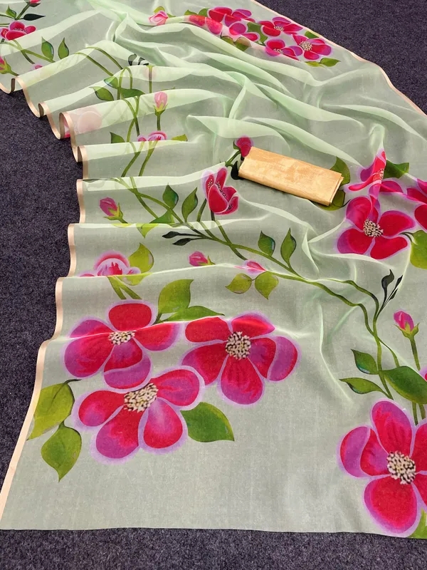 Green_Organza_Silk_Saree_With_Golden_Zari_Border_And_Brocade_Blouse_Piece