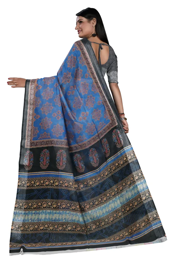 Blue_Organza_Silk_Saree_With_Silver_Zari_Border_And_Blouse_Piece