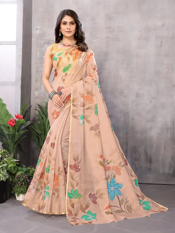 Brown_Organza_Silk_Saree_With_Golden_Zari_Border_And_Brocade_Blouse_Piece