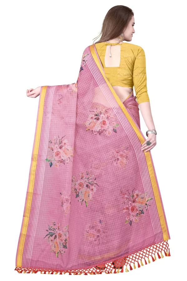 Pink_Organza_Chex_Saree_With_Brocade_Blouse_Piece