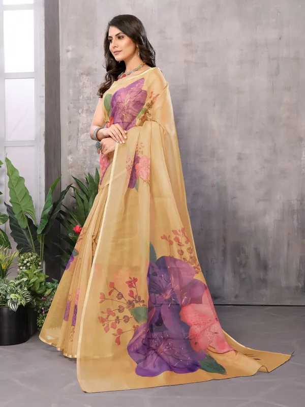 Yellow_Organza_Silk_Saree_With_Golden_Zari_Border_And_Brocade_Blouse_Piece