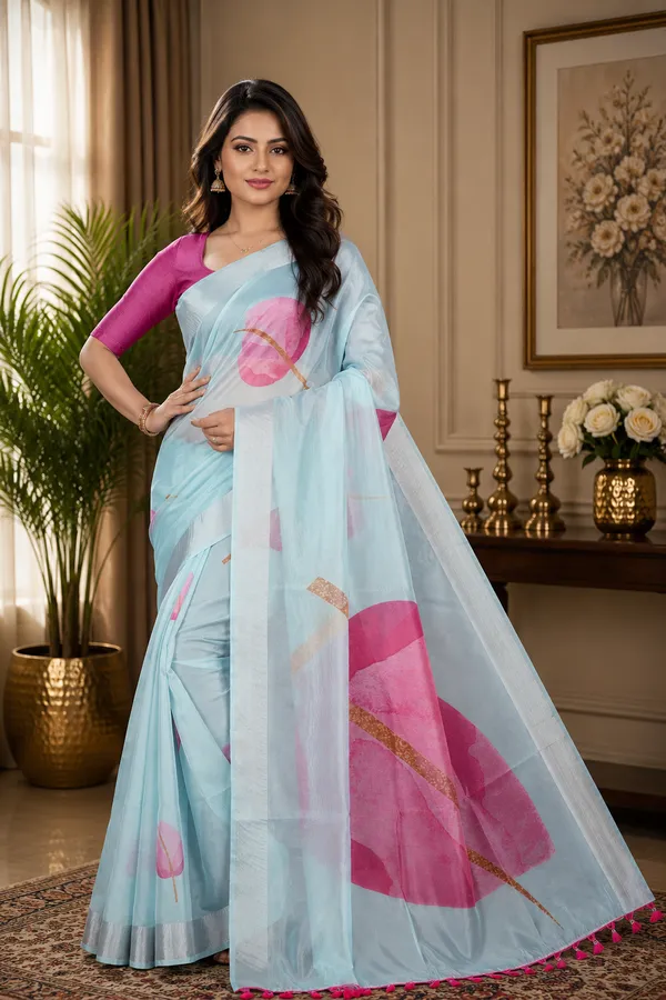 Blue_Organza_Silk_Saree_With_Silver_Zari_Border_And_Banglori_Blouse_Piece