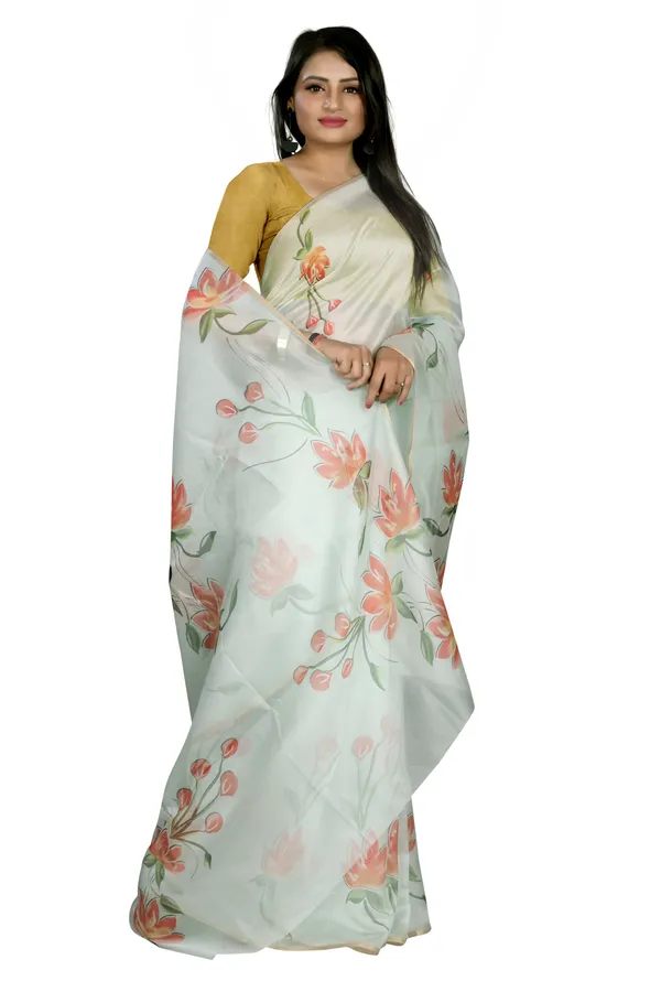 Cream_Organza_Silk_Saree_With_Golden_Zari_Border_And_Brocade_Blouse_Piece