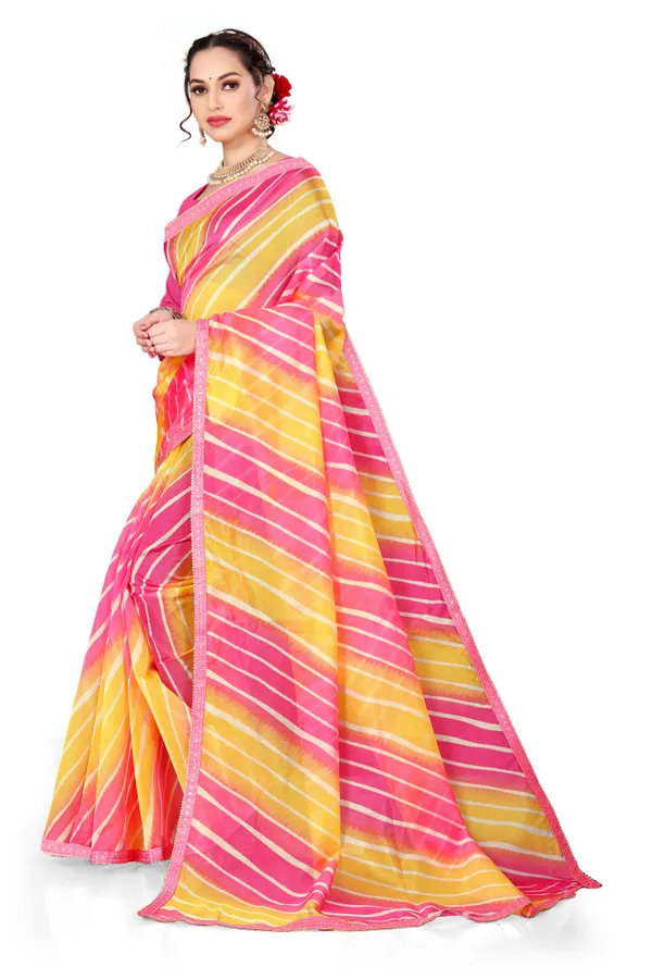 Pink_And_Yellow_Organza_Silk_Saree_With_Satin_Blouse_Piece