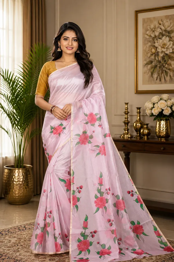 Pink_Organza_Silk_Saree_With_Golden_Zari_Border_And_Brocade_Blouse_Piece