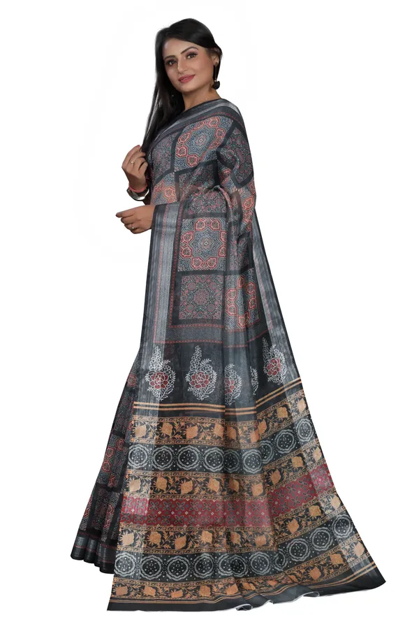 Black_Organza_Silk_Saree_With_Silver_Zari_Border_And_Blouse_Piece