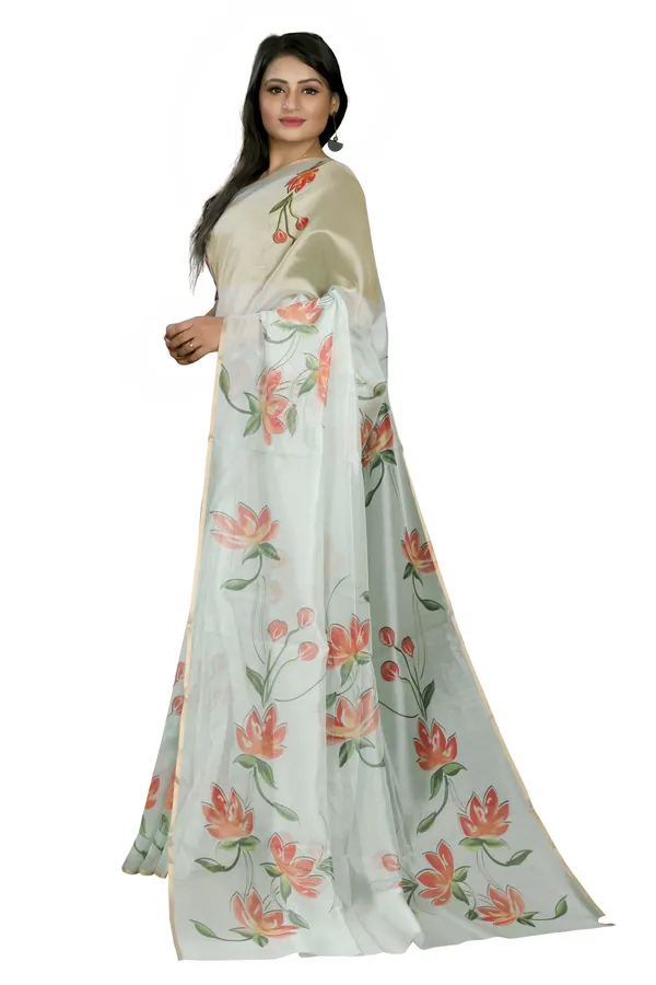 Cream_Organza_Silk_Saree_With_Golden_Zari_Border_And_Brocade_Blouse_Piece
