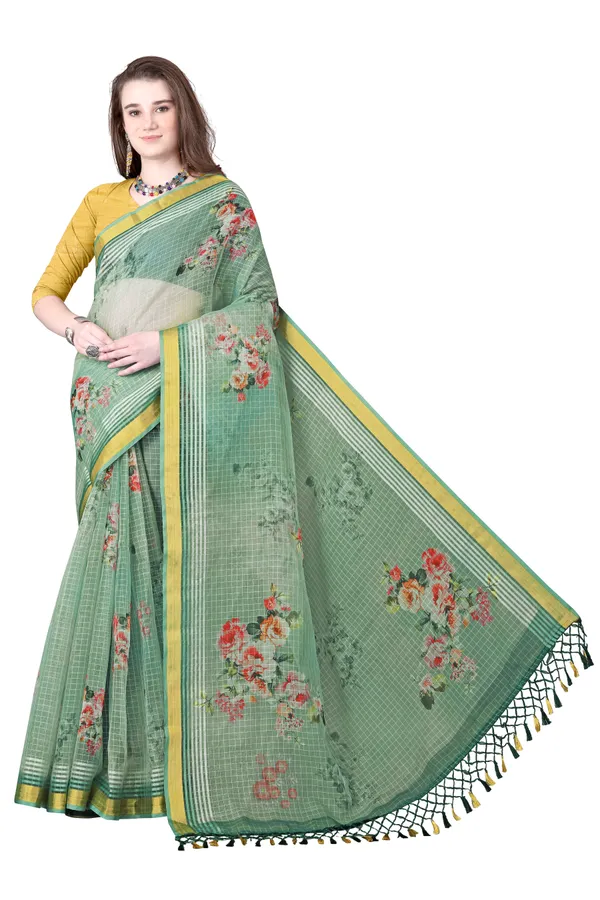 Green_Organza_Chex_Saree_With_Golden_Zari_Border_And_Brocade_Blouse_Piece