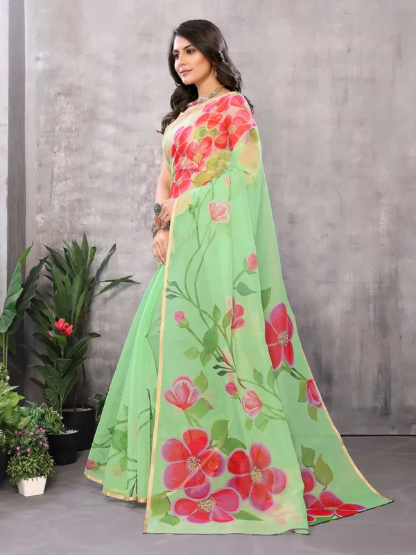 Green_Organza_Silk_Saree_With_Golden_Zari_Border_And_Brocade_Blouse_Piece