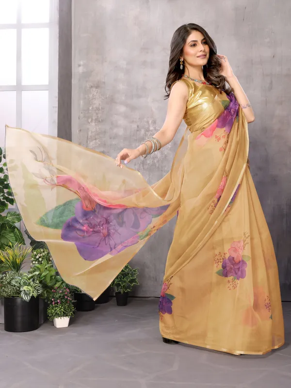 Yellow_Organza_Silk_Saree_With_Golden_Zari_Border_And_Brocade_Blouse_Piece