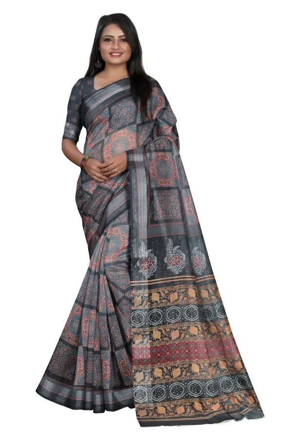 Black_Organza_Silk_Saree_With_Silver_Zari_Border_And_Blouse_Piece