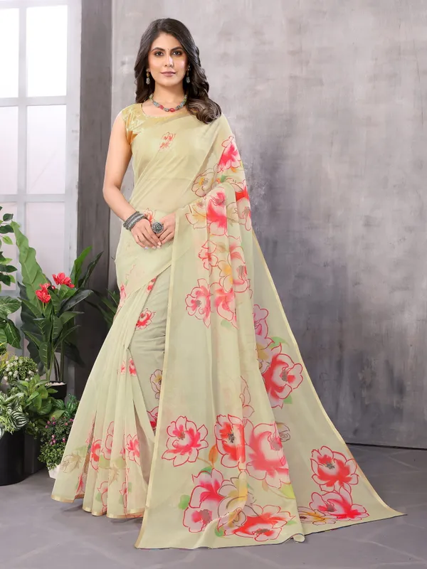 Lemon_Yellow_Organza_Silk_Saree_With_Golden_Zari_Border_And_Brocade_Blouse_Piece